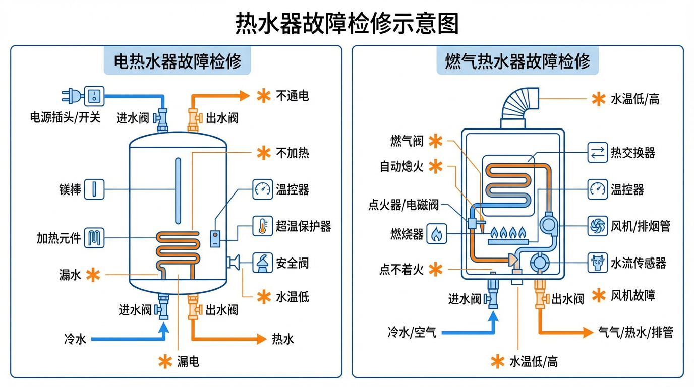 热水器故障检修示意图