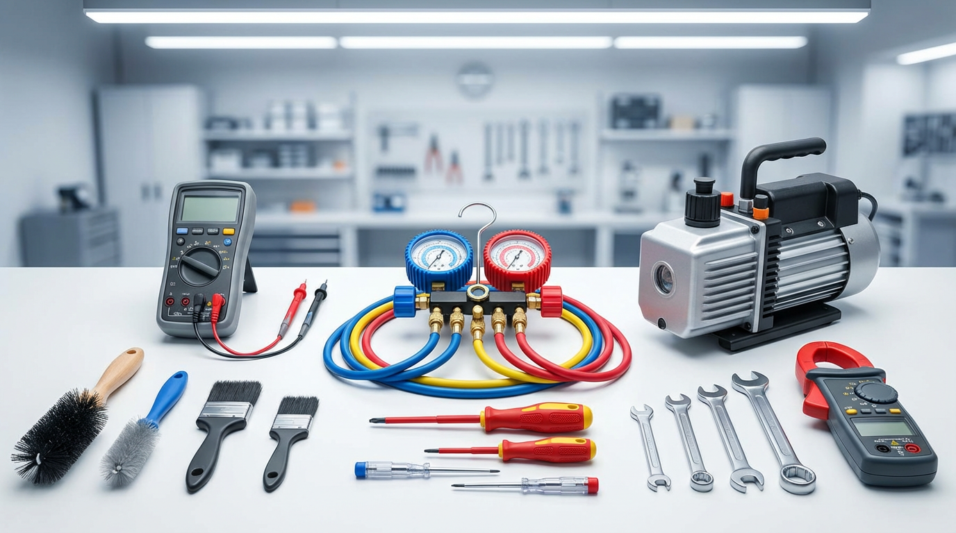 专业空调维修工具整齐摆放，包括数字万用表、制冷剂压力表、清洁工具等