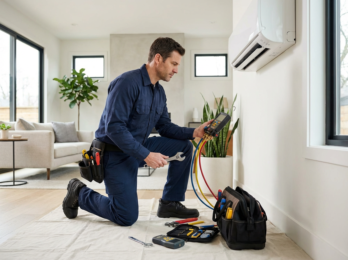 专业空调维修技师正在为客户提供上门维修服务，展现专业技能和服务标准