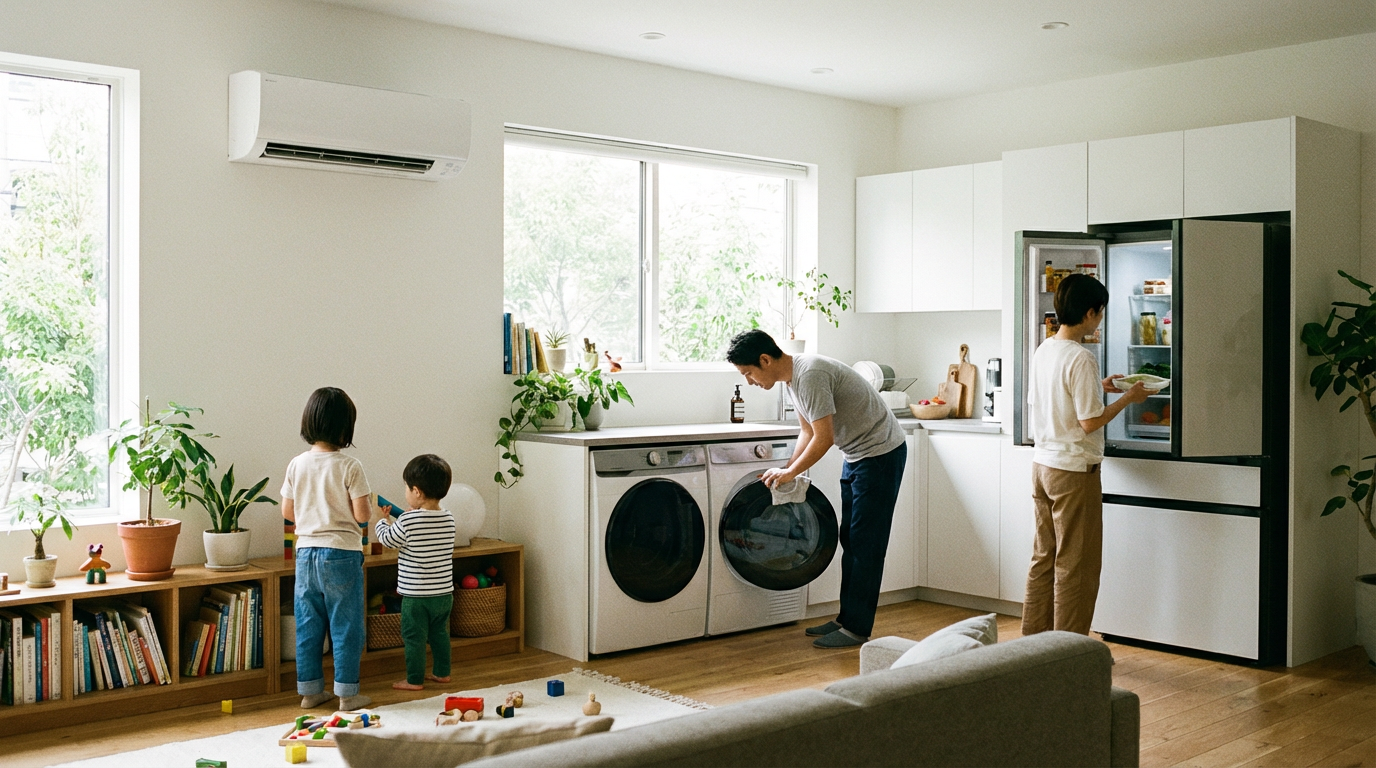家庭家电维修场景展示，现代客厅中的各种家电设备
