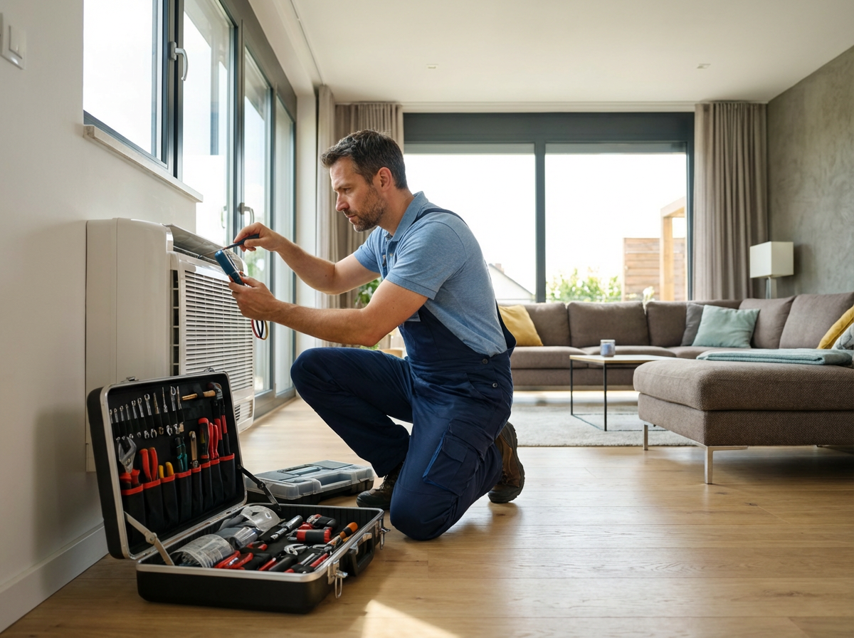 专业维修工程师正在进行空调维修工作